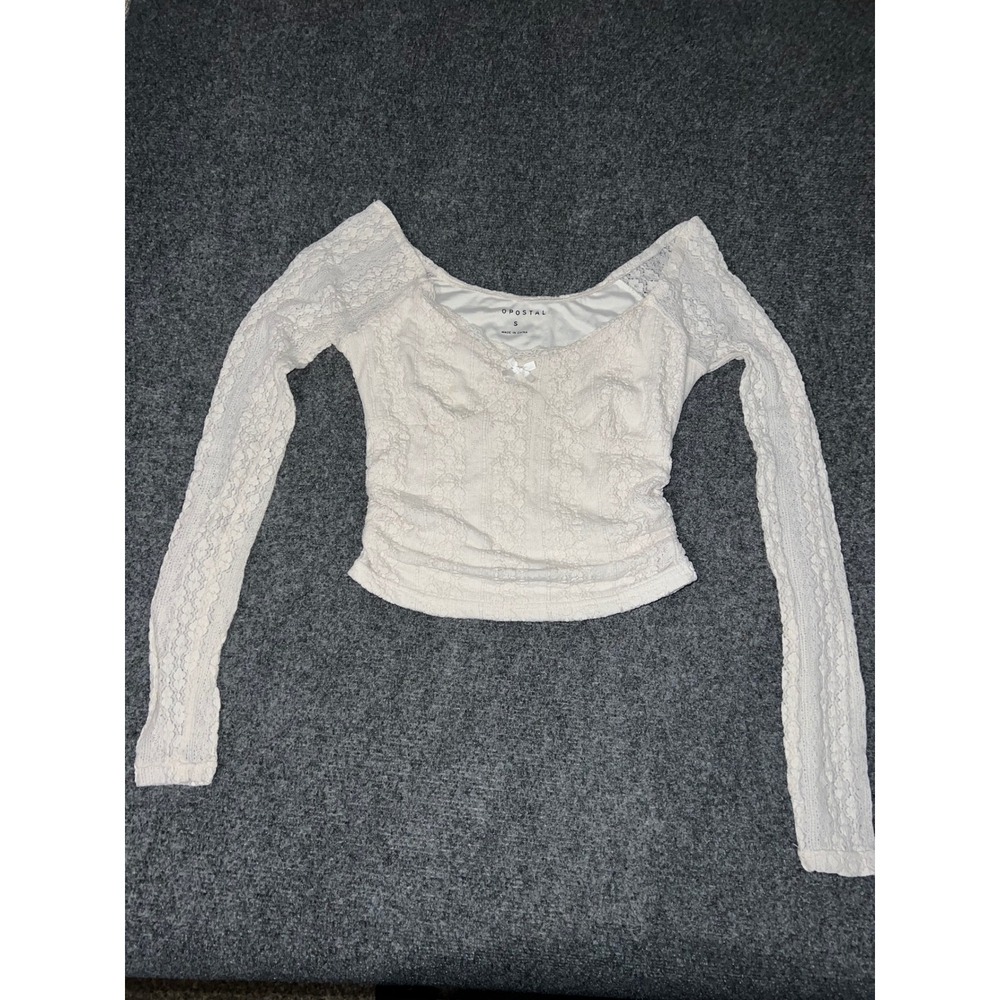 Aeropostale Women White Lace Long Sleeve Top Size Small Ruched Front Bow Details